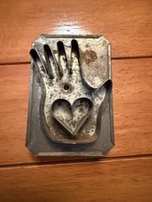 Antique Heart In Hand Soldered Tin Cookie Cutter with Handle Penn Dutch Style picture