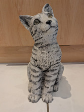 LARGE VINTAGE LIFE SIZE GREY TABBY CAT FIGURE STATUE WITH GLASS EYES - 13