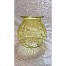 Vintage Ribbed Yellow Green Glass Vase 7in Tall Bulbous Flared Rim Retro Decor picture