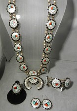 VTG 4pc ZUNI SUNFACE MOSAIC INLAY SQUASH BLOSSOM NECKLACE, RING, EARRINGS, CUFF picture