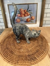 Vintage Hubley Style Heavy Cast Iron, Arched Back, Tail Up, Black Cat Door Stop picture
