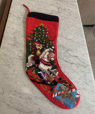 Vintage Needlepoint Christmas Stocking with a Teddy Bear, Rocking Horse,Presents picture