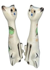 Two Vintage MCM Ceramic Flat Face Cat Figurines Siamese Flowers Kitten Kitty picture