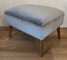 Vintage Mid Century Modern Stool Ottoman Blue Upholstered Wood Tappered Legs picture