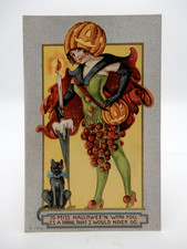 Rare Halloween Postcard JOL Lady with Candle, Black Cat Mint picture