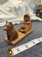 Mary Baldwin Inuit Child Sled & Dog Cottonwood Carving 1980s Anchorage Alaska picture