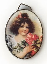 Vintage Victorian Girl W/ Flowers Oval Chimney Flue Cover & Metal Chain Border picture