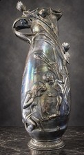Art Nouveau Pewter 19” Vase Children Frogs Irises Signed W. Hering picture