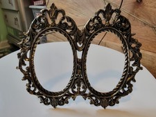 Vintage Ornate Brass Tone Double Oval Picture Frame Easel Back Cast Metal picture