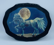 Rare Vintage 80s Sue Dawe Unicorn Art Print Lacquer Plaque Mythical Fantasy picture