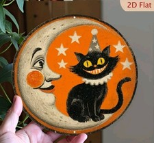 Vintage Black Cat Moon Wooden Wall Sign Round Halloween Decor Orange Hat picture
