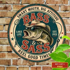 Funny Fishing Bass Sign Fisherman Cabin Lake House Round Metal Plaque 8x8 picture