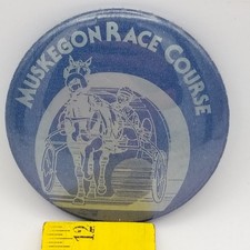 Vintage Pinback Button Muskegon Race Course Horse Racing Souvenir Pin Michigan picture