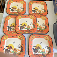 Lot 7 Vintage 1950s/60s Halloween Reed's Paper Party Plates, Pumpkin Black Cat picture