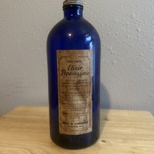 Antique Cobalt Blue Glass Bottle Reed & Carnrick Elixir Peptenzyme 5 Pints Label picture