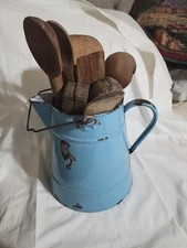 Lrg Vntg Blue Enamel Coffe Pot w/10 Vntg/Antq Wood Kitchen Utencils picture