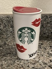Starbucks 2015 Ceramic Coffee Tumbler White Red Lips Xoxo picture