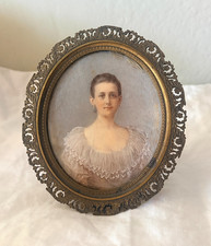 Antique French Miniature Portrait in Ornate Oval Gilt Brass Frame with Easel picture