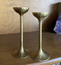 Vintage Brass Candle Holders Pair Mid Century Modern Pedestal MCM European picture