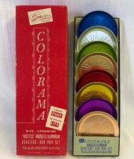 Vintage Heller Hostess-Ware COLORAMA Aluminum Coasters Ashtray Set Box Set of 8 picture