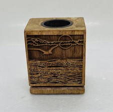 Vintage 1980s Carved Wooden Pen Holder Flying Bird Village Sky Ocean Art 31 picture