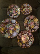 RARE GUANGCAI CANTON DING FAMILLE NOIRE 4 Pc Place Setting FLORAL PLATES TABLE  picture