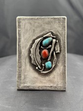 Vintage Native American Zuni Silver Tobacco Pocket Box Snake Turquoise Coral 925 picture