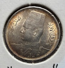 1937 EGYPT 2 PIASTRES “TONED”UNCIRCULATED SILVER COIN-KM#365-MINTAGE=500,000 picture
