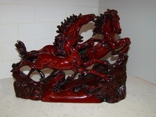 Large Mandarin Red Resin 3 Galloping Wild Stallions Horses Chinese Sculpture picture