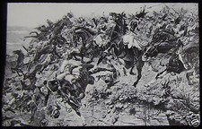 Glass Magic Lantern Slide CAVALRY SOLDIERS CHARGING OVER A CLIFF C1900 picture