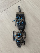 Vintage Handcrafted Leather Fringe Pouch Bag Blue Glass Beads Old Paper Label picture