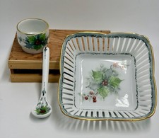 VTG Hand-Painted Christmas Holly Porcelain Tableware Set Denmark Lyngby Signed picture