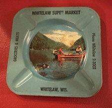 VTG 50’S METAL ASHTRAY WHITELAW WIS. SUPER MARKET ADVERTISING RARE PHOTO LITHO picture