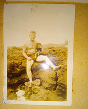 Vtg Sepia Photograph Shirtless Man Seated on Rocks beefcake pearl harbor Hawaii  picture
