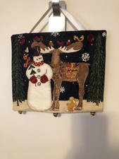 Fabric Handmade Wall Hanging Snowman Moose Sparkly  Buttons Christmas Winter picture