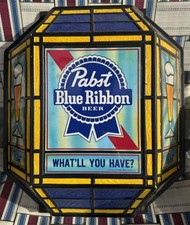 Vintage 1986 Pabst Blue Ribbon Beer Faux Stained Glass Lantern Lighted Sign picture