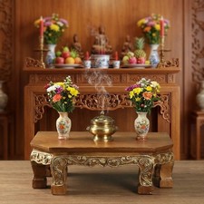 Hexagon Wooden Altar Table Thai Carved Buddhist Shrine Stand Meditation Decor picture