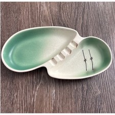 Vintage 1957 Lane & Co Van Nuys CA Ceramic Ashtray Green Atomic MCM 652 picture