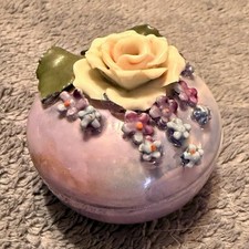 Vintage Germany Porcelain/Ceramic Round Trinket Box Purple Floral Rose Lid picture