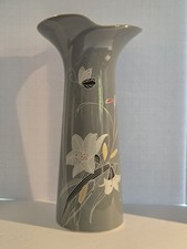 Vntg Fine China Japan Gray Porcelain Vase Lily Flower Butterfly Gold Trim 10.5