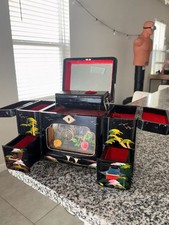Vintage Japanese Black Lacquer Musical Jewelry Box with Rickshaw Diorama and Key picture