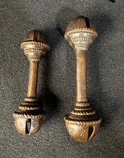 Vintage Pair Brass Double Ended Embossed Flower Rattle Bells, 2 Sizes picture