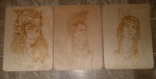 3 BEAUTIFUL Laser Burned Wood Native American Indian Figural Art Plaques picture