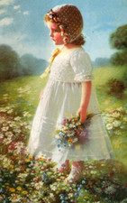 c1925 Girl In A Field of Flowers Wearing White Dress ANTIQUE Postcard picture