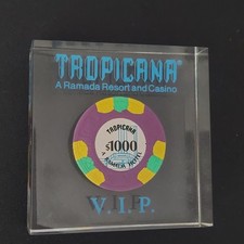 Vintage VIP Tropicana A Ramada Resort And Casino $1000 Chip Lucite Paperweight picture