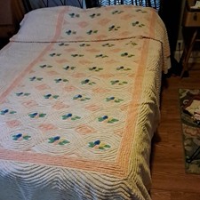 VTG MCM 60s Chenille Bedspread  Blue, Ylw,  Green Framed by Peach Tufted Border picture