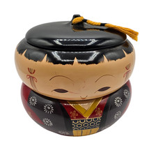 Vintage Japanese Lacquerware Kokeshi Doll Stacking Bowls Bento Box w/ Hat- Black picture