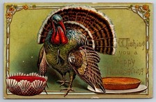 Happy Thanksgiving, Fancy Turkey, Pumpkin Pie, Embossed, c1907, Vintage Postcard picture