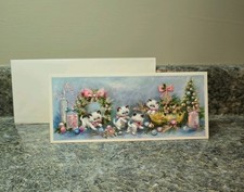 Vtg Unused Hallmark Xmas Greeting Card White Kittens & Pink Bows Silvering  7¾