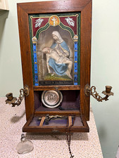 Antique Catholic Last Rites Shadow Box Oak Altar Sick Call Viaticum Pieta Shrine picture